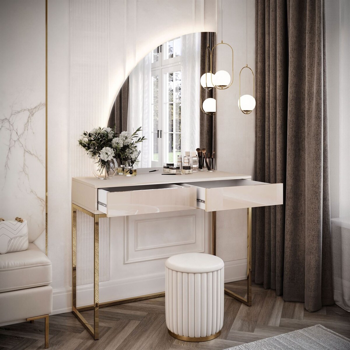 Toaletka kosmetyczna QUINNIE KASZMIR z lustrem LED złoty chrom, lewa, push-to-open