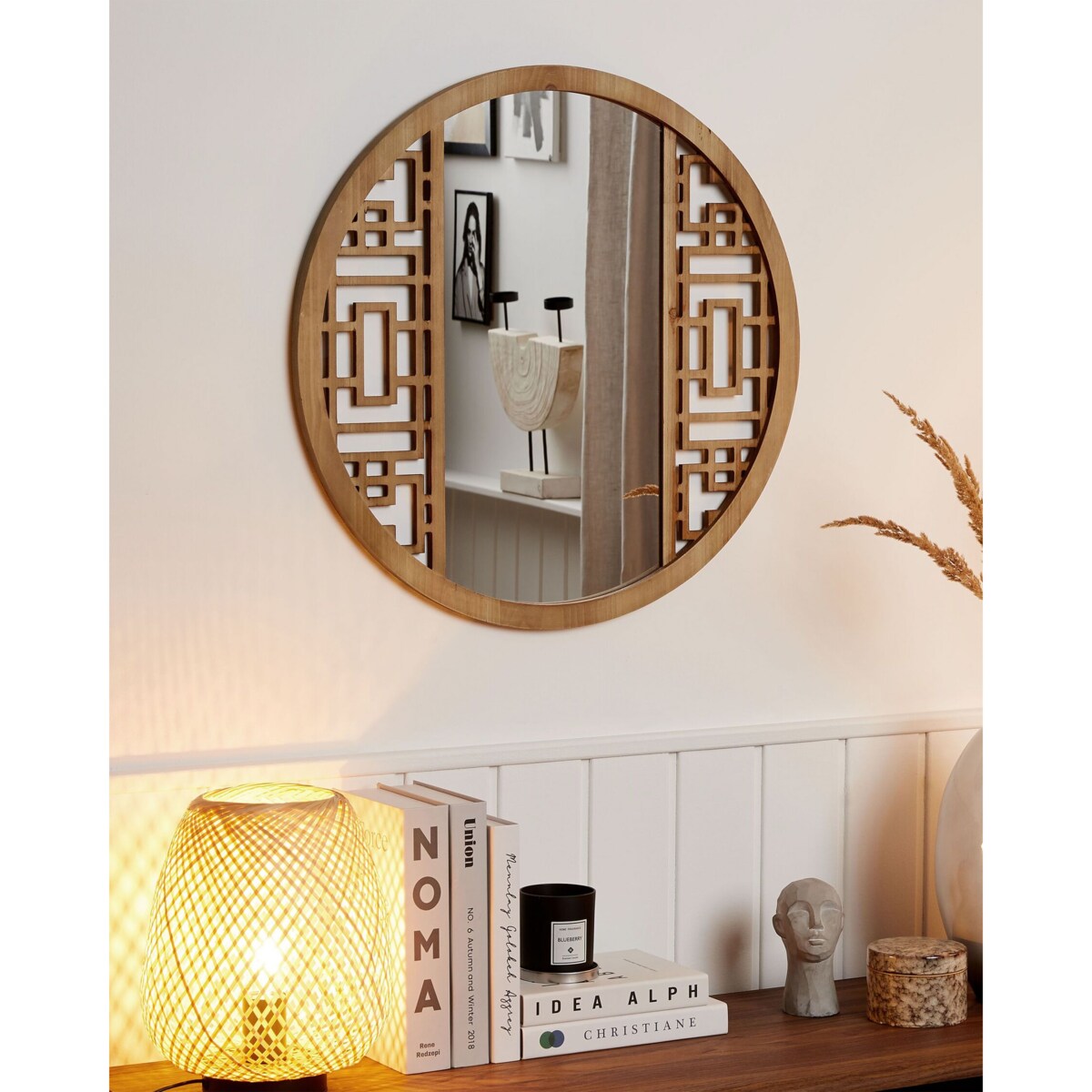 Drewniane okrągłe lustro ścienne ⌀ 60 cm jasne FIRMINY