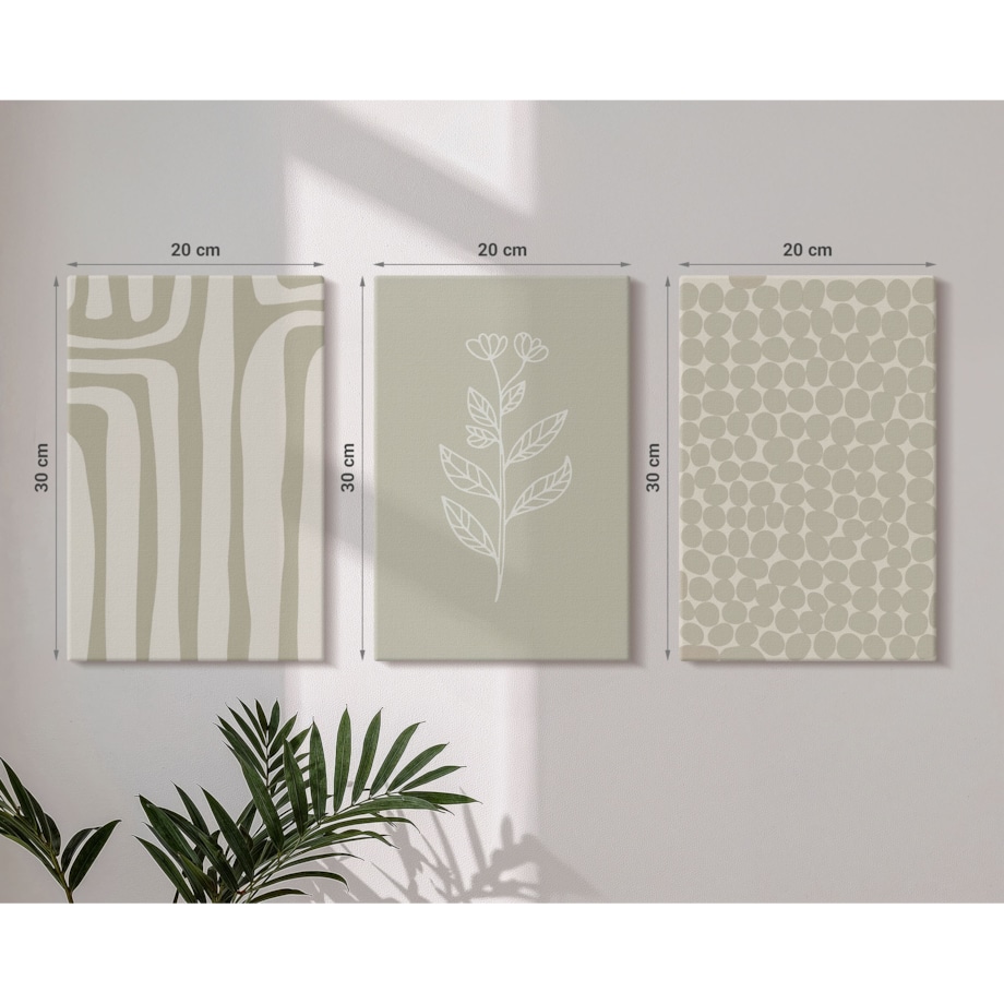 Zestaw 3 małych obrazów na płótnie - Wzory roślinne geometryczne - zielony