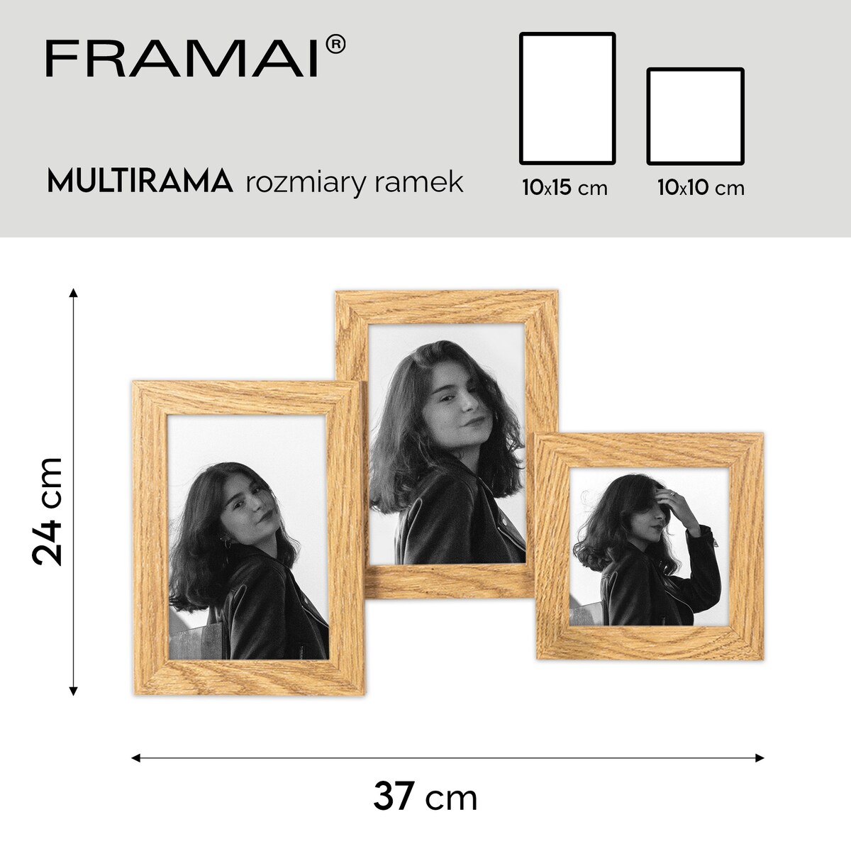 Multirama ramka na zdjęcia. W kolorze dębowym multirama na trzy zdjęcia 10x15 cm 10x10 cm Ramka na zdjęcia 3 w 1 MULTI HEN 4 FRAMAI®