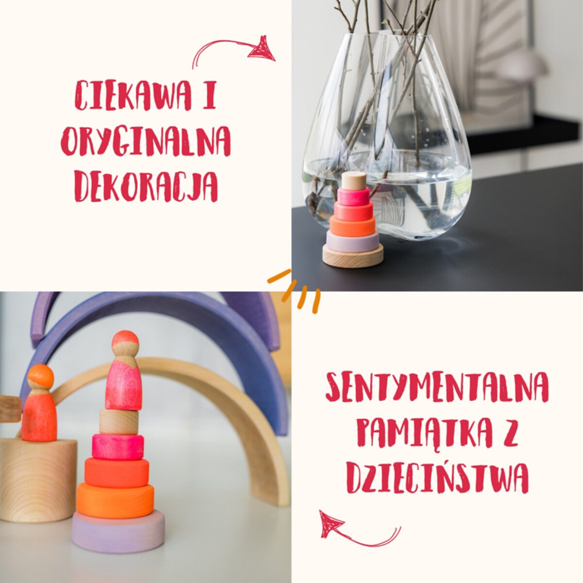 Wieża drewniana dla dzieci 6 krążków – klocki Grimm's Neon Pink 1+