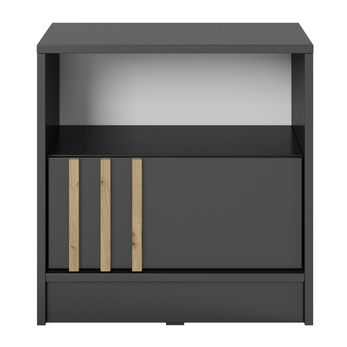 Szafka nocna KELLY z szufladą i półką oraz uchwytem z lameli, Grafitowa