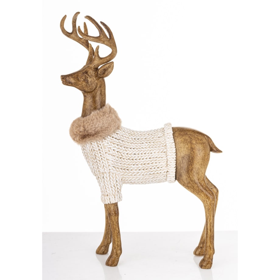 Figurka - stojący jeleń 30,5x19x9,5 cm HJORT brązowy w białym swetrze