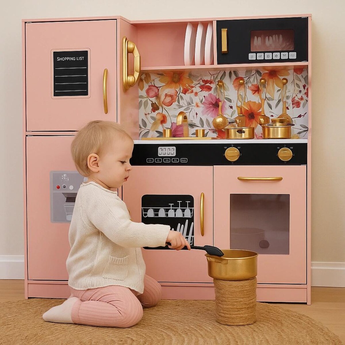 Drewniana kuchnia dla dzieci LED – stylowa kuchnia z akcesoriami i oświetleniem