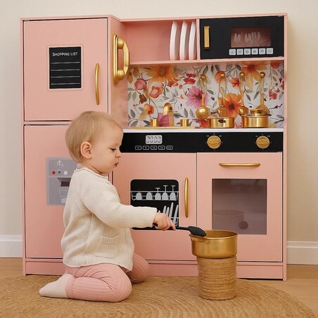 Drewniana kuchnia dla dzieci LED – stylowa kuchnia z akcesoriami i oświetleniem