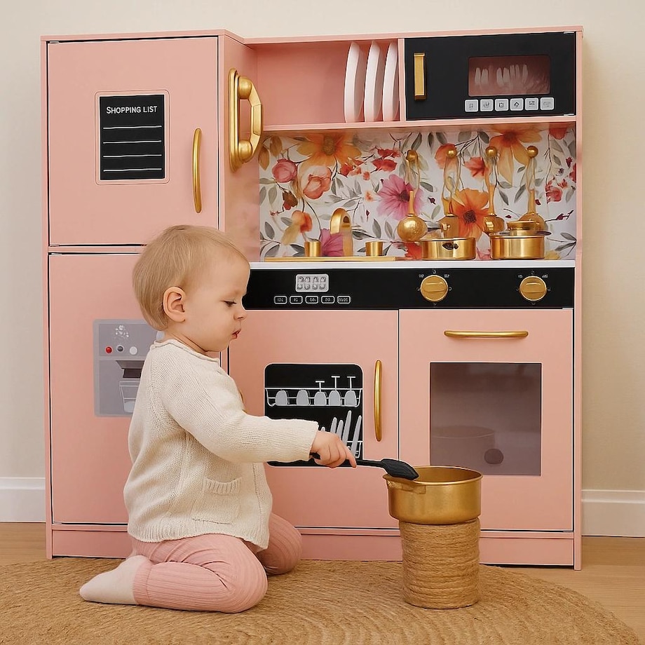 Drewniana kuchnia dla dzieci LED – stylowa kuchnia z akcesoriami i oświetleniem