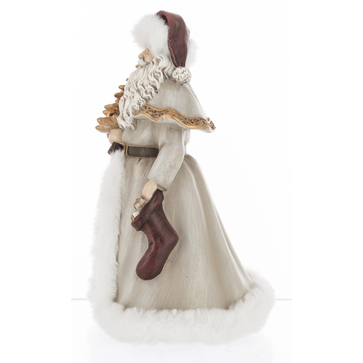 Mikołaj w płaszczu obszytym białym futrem ze złotą choinką i skarpetą z prezentami 22x14x14 cm