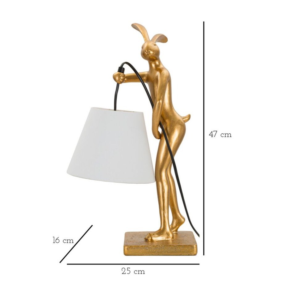 Lampa stołowa Rabbit Stand, kolor złoty i biały, żywica syntetyczna, żelazo i tkanina, 26 x 16 x 47 cm, max. 40 W, motyw: królik, Mauro Ferretti