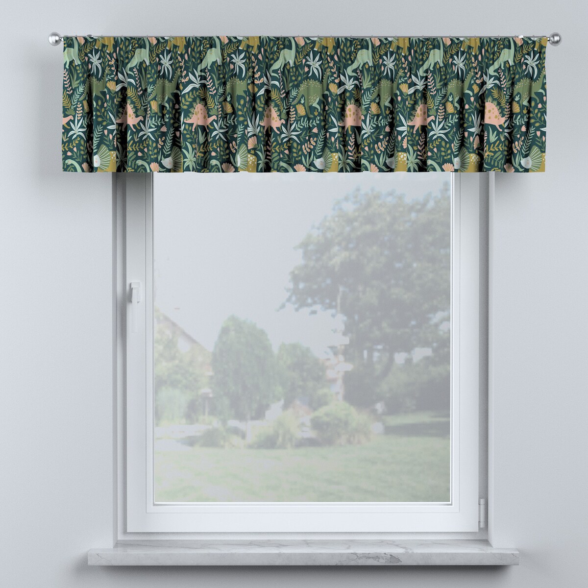 Lambrekin na taśmie marszczącej 390x40 dinozaury na zielonym tle