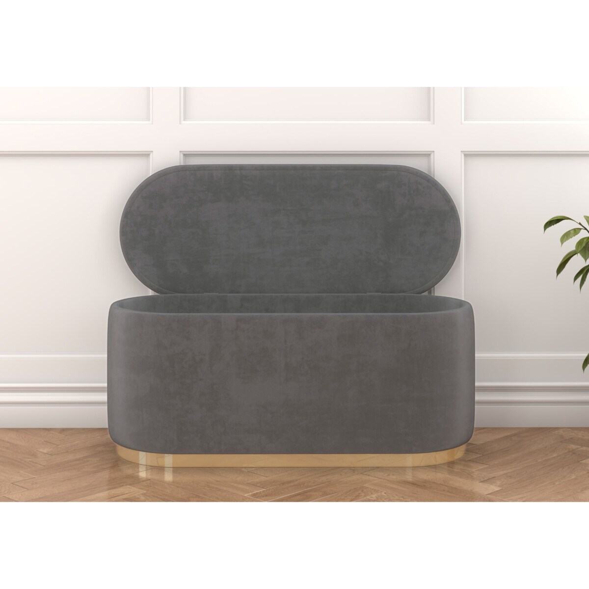 Tapicerowany owalny puf ze schowkiem Dancan SCARLETT na złotej podstawie / szer. 110 cm / jasnoszary