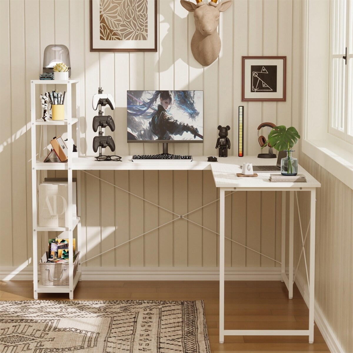 Biurko komputerowe narożne półkami regałem białe eleganckie szkolne loft