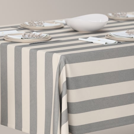 Obrus prostokątny 130 x 130 cm biało-szare pionowe pasy (5,5cm)