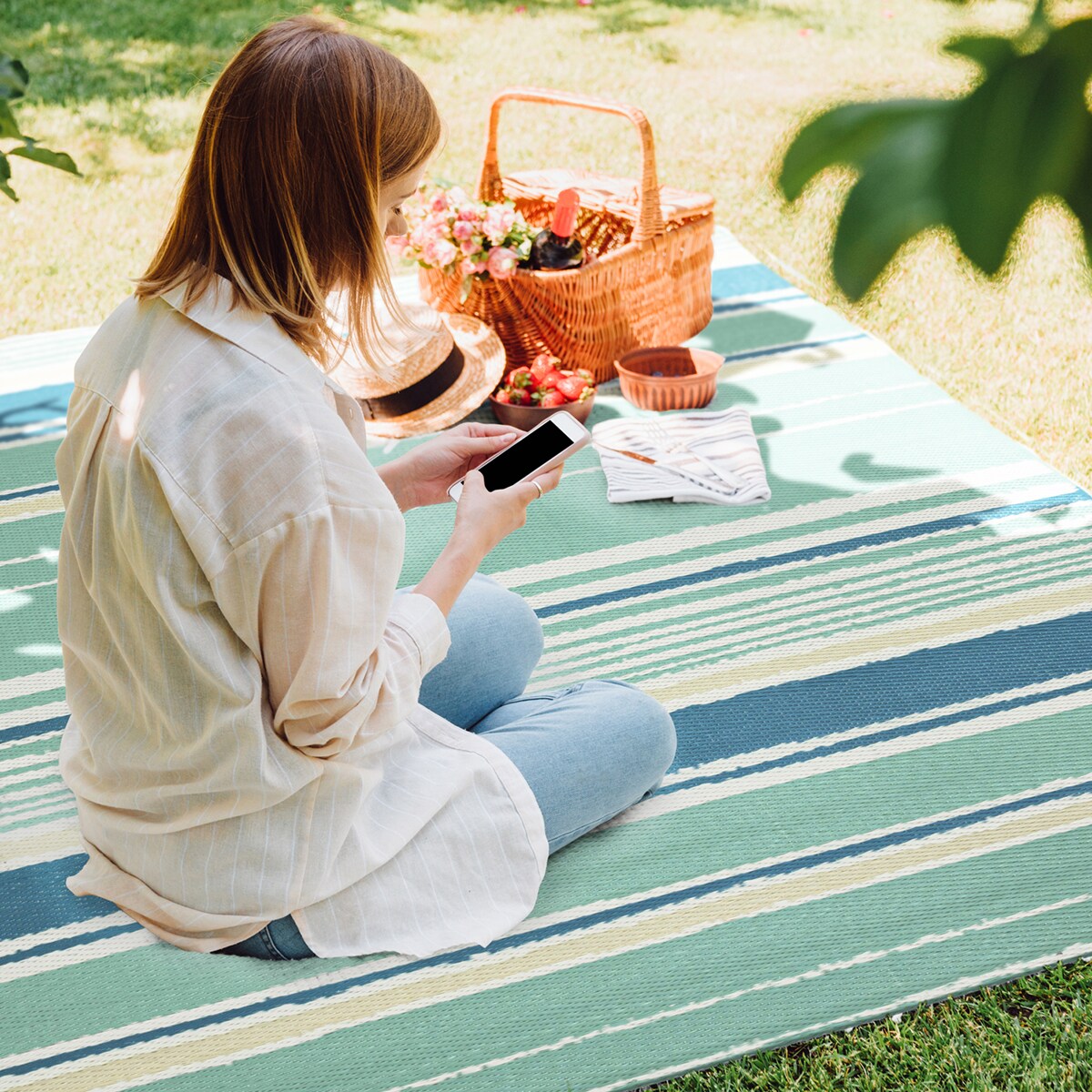 Dywan zewnętrzny tkany na płasko 160x220 cm e-floor pasy niebieski