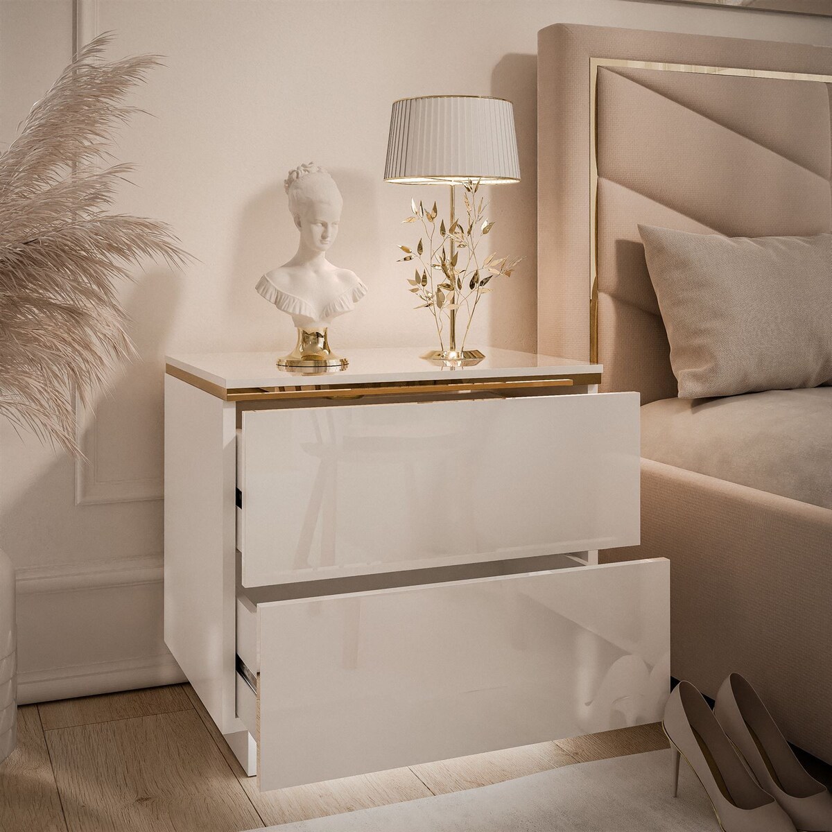 Stolik nocny AURORA II biały połysk stojący LED