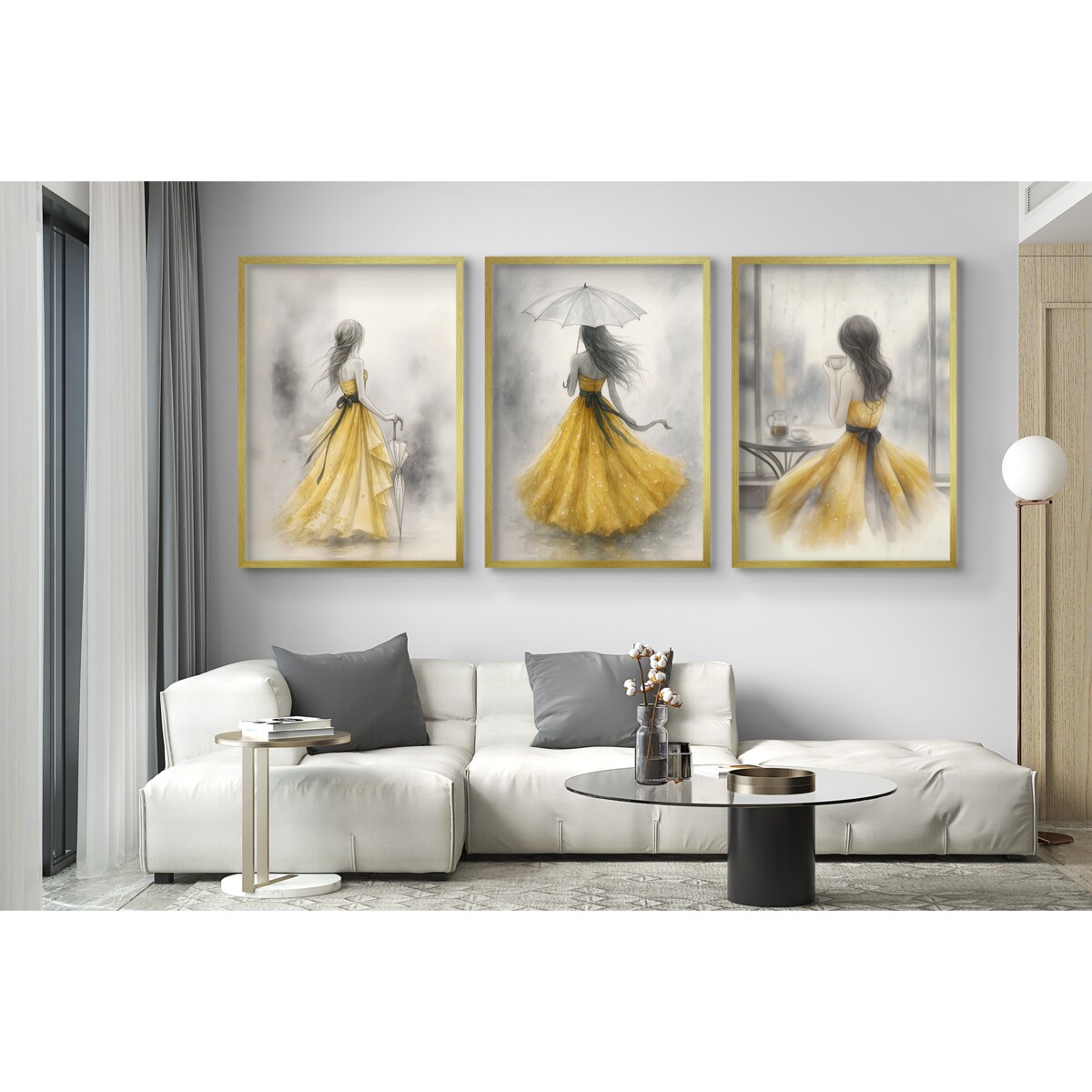 Plakaty na ścianę Złote ramki Akwarela Tryptyk Kobieta Obrazy do salonu