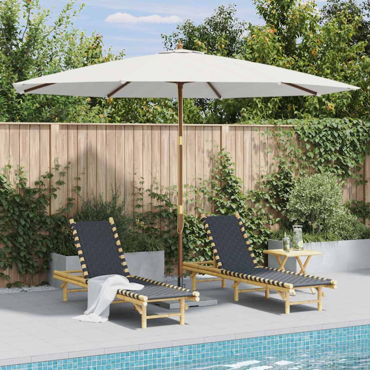 vidaXL Parasol ogrodowy na drewnianym słupku, 350 cm, piaskowa biel