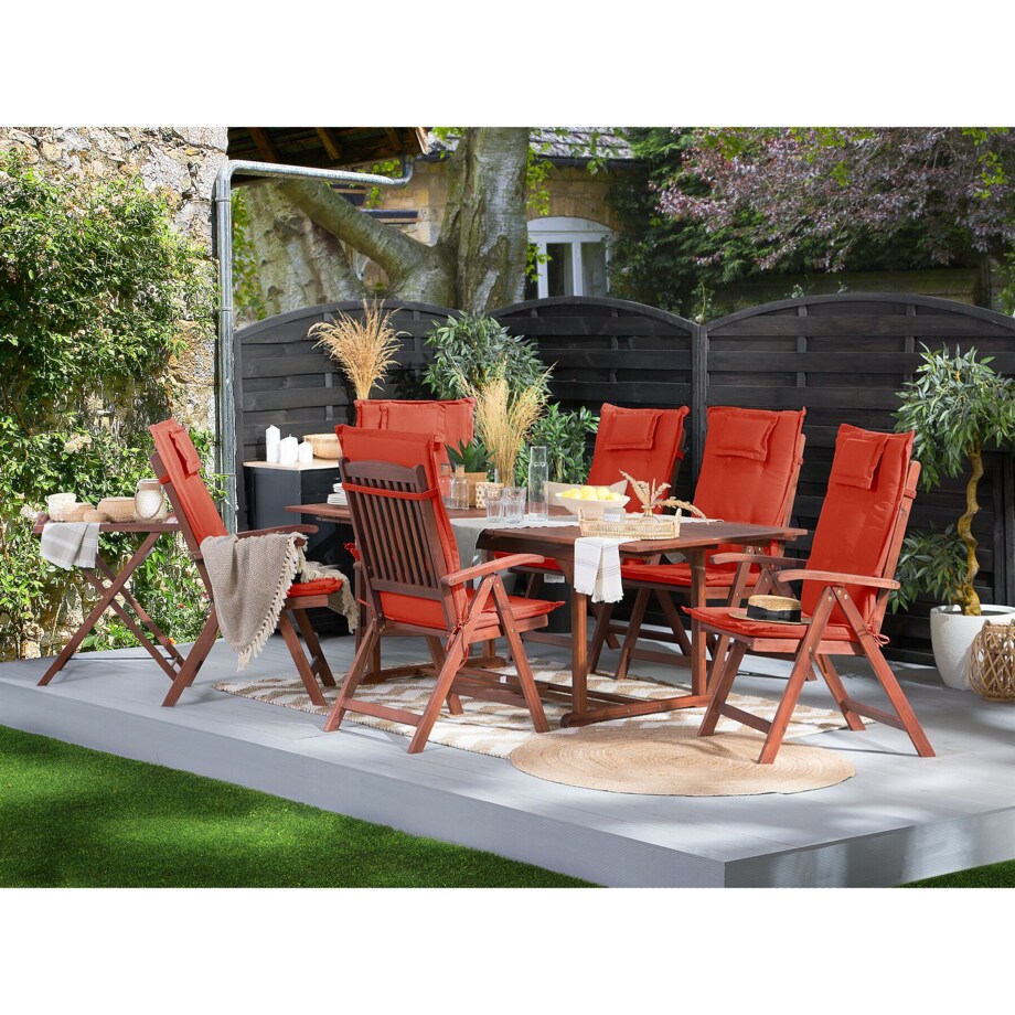 Zestaw 6 krzeseł ogrodowych drewno akacjowe z poduszkami czerwonymi TOSCANA