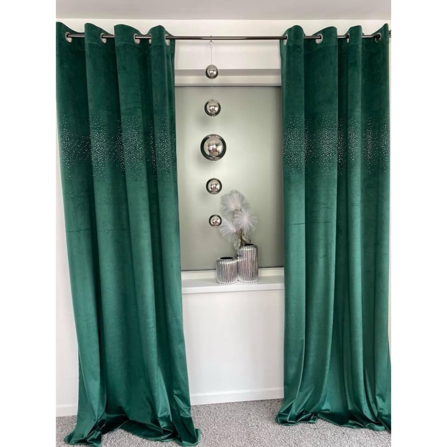 Zasłona welurowa "Alluminium" 140x250 kryształki butelkowa zieleń