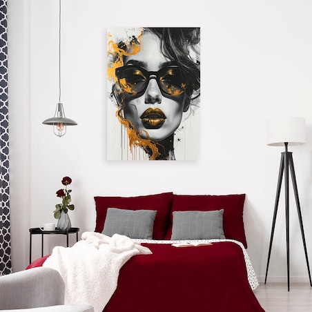 Obraz na płótnie do salonu sypialni, Kobieta Glamour Portret Czarno Biały Złoty 20x30 cm