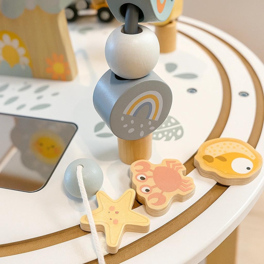 Drewniany stolik edukacyjny 2w1 interaktywny, manipulacyjny - labirynt i tor z pojazdami