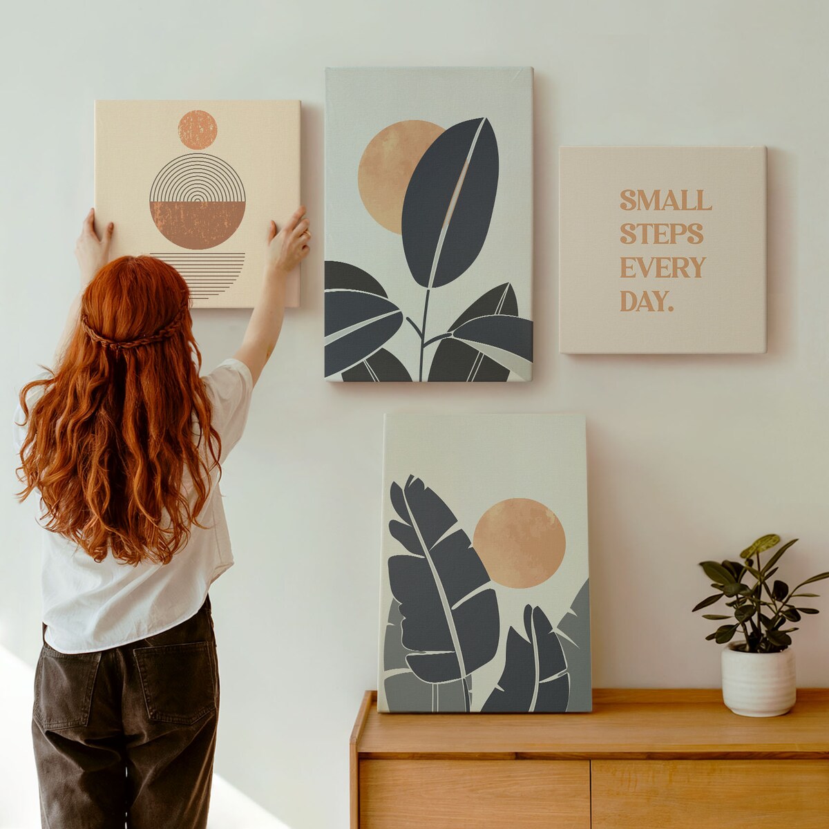 Zestaw 4 obrazów na płótnie - Roślinne wzory duże słońca minimalistyczne - pomarańczowy