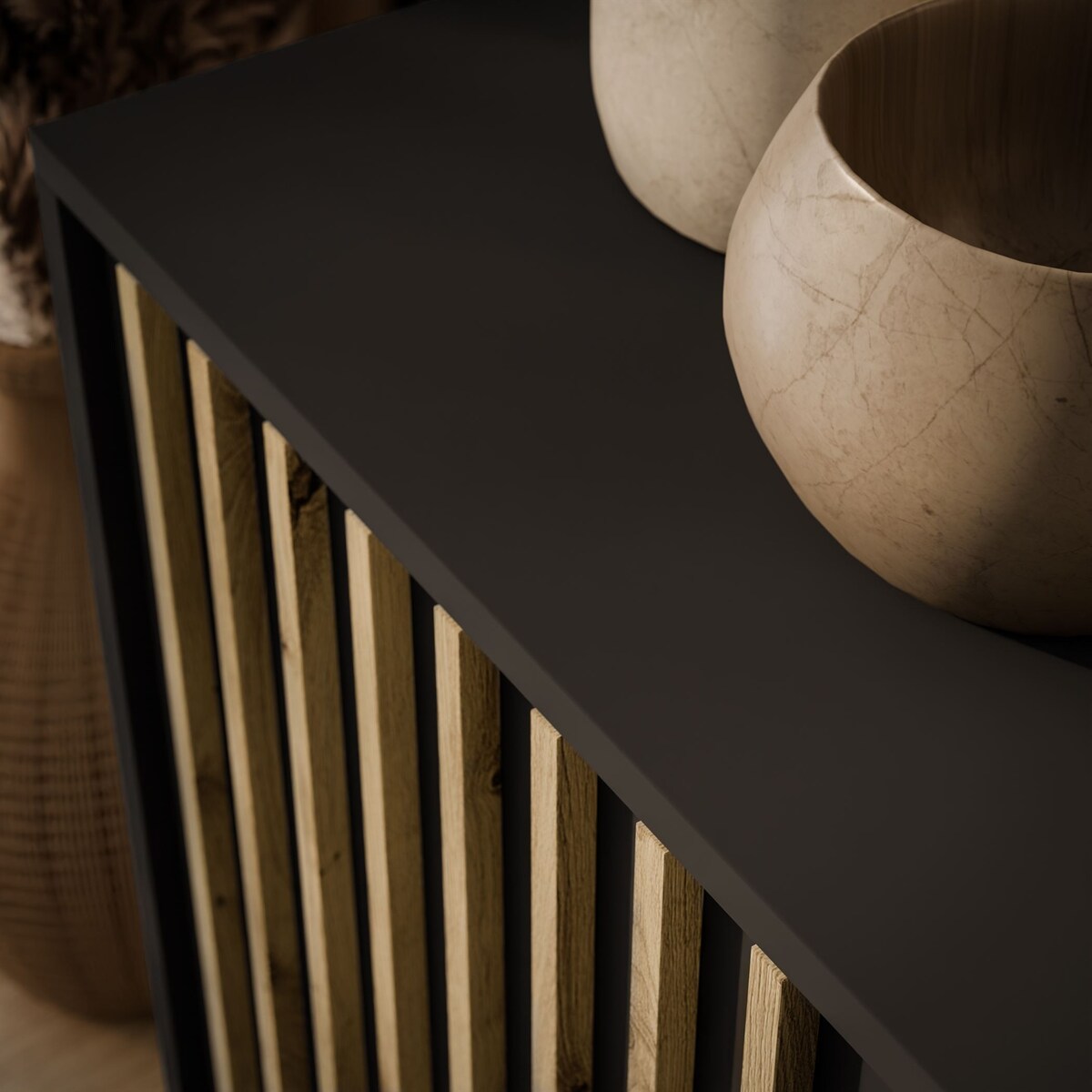 Dwudrzwiowa komoda NELA z lamelami, grafit + dąb artisan