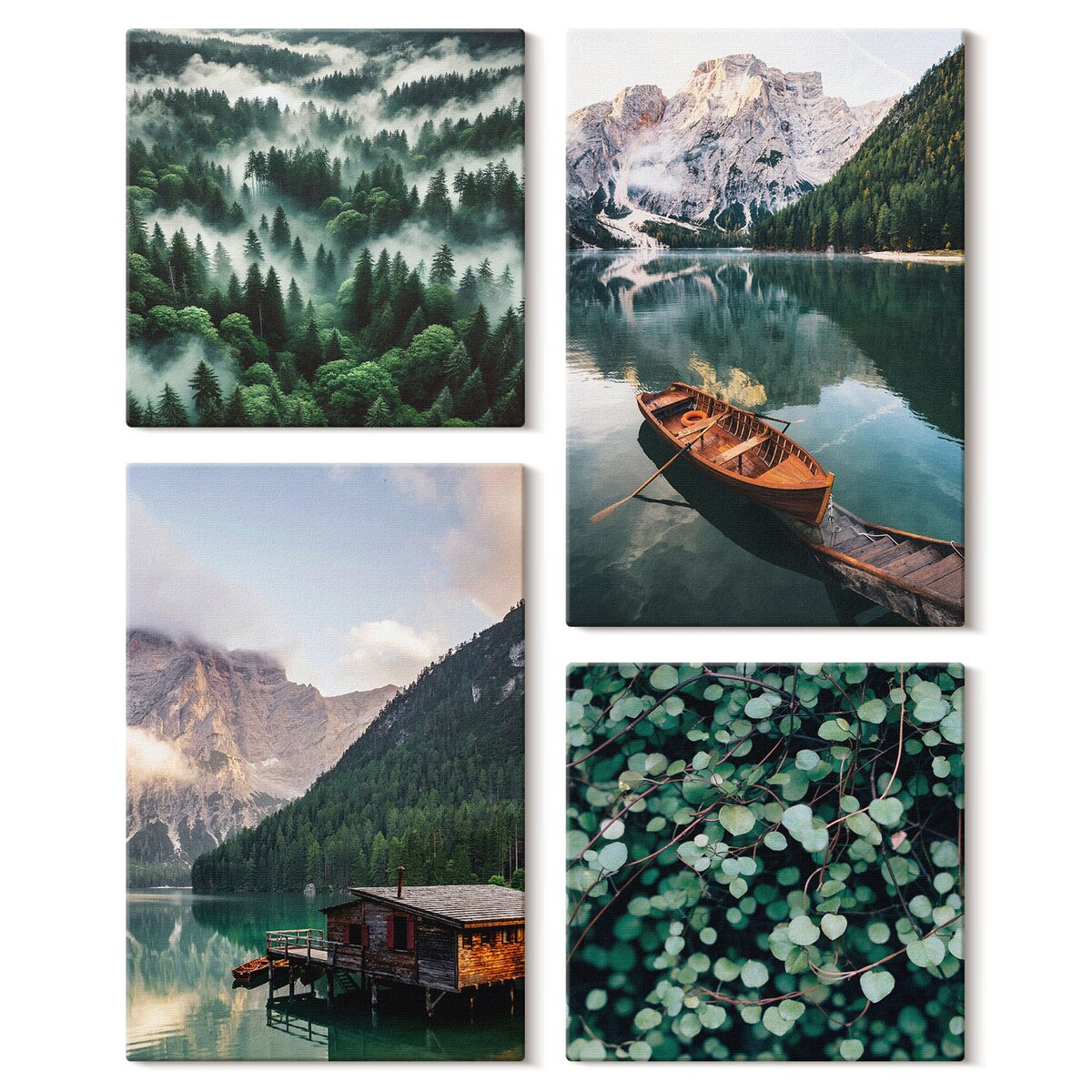 Zestaw 4 obrazów na płótnie - Górskie jezioro łódka mgła - zielony