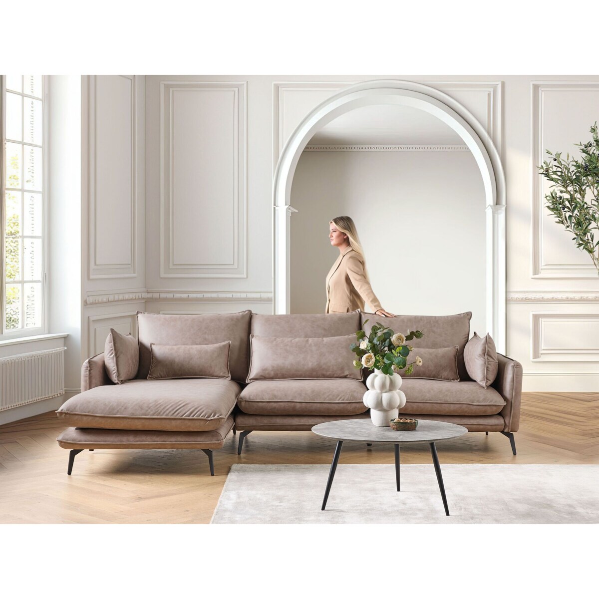 Narożnik eko zamsz prawostronny jasnobrązowy GALLO