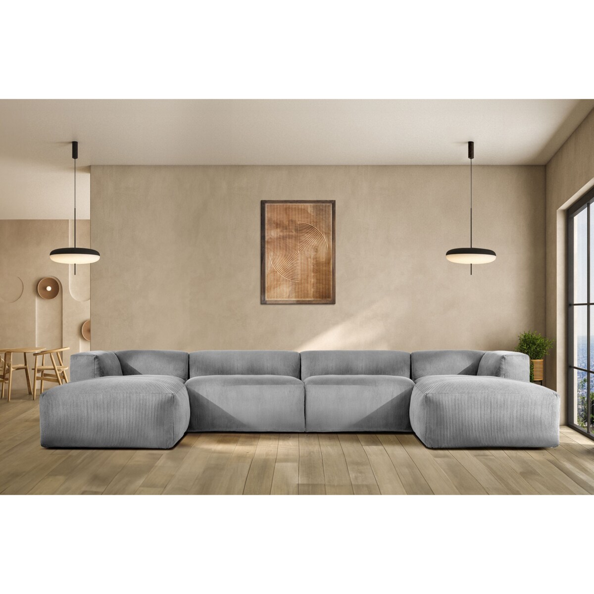 KONSIMO BUFFO 7/8-osobowa panoramiczna sofa narożna z wyjątkowo miękkim siedziskiem, kolor jasny szary