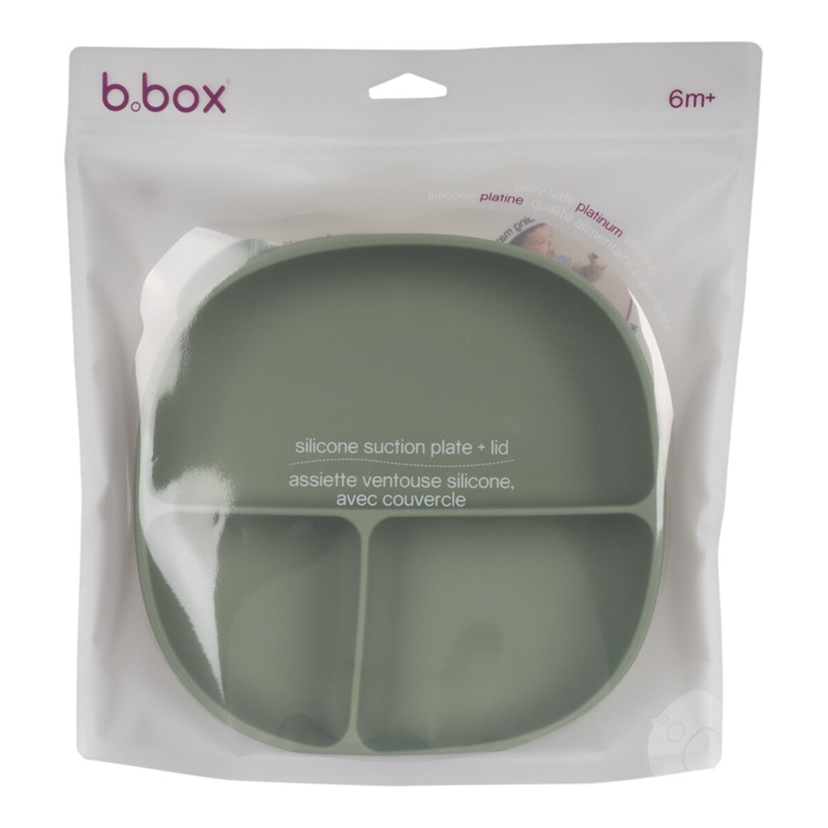 Talerzyk trójdzielny z przyssawką i przykrywką dla dzieci 6m+ silikonowy szałwiowy b.box