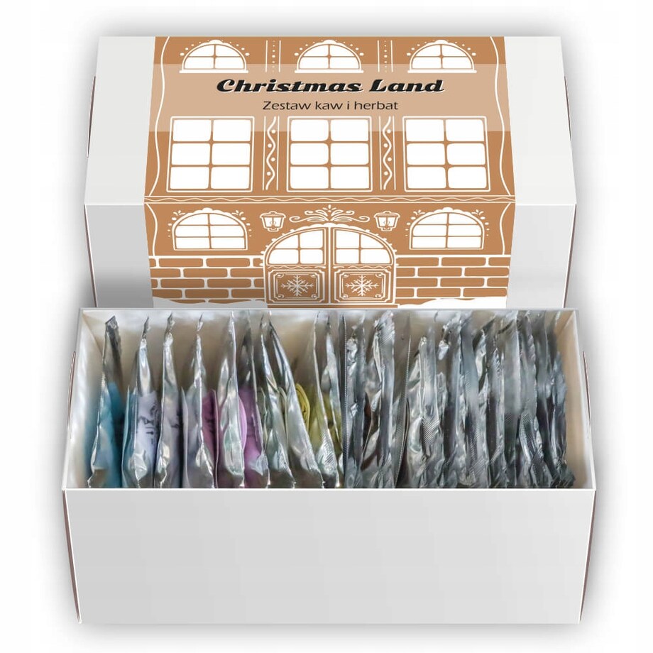 ŚWIĄTECZNY ZESTAW PREZENTOWY "CHRISTMAS LAND" 10 SMAKÓW KAW I 10 SMAKÓW HERBAT SYPANYCH - PREZENT UPOMINEK NA MIKOŁAJA ŚWIĘTA GWIAZDKĘ BOŻE NARODZENIE POD CHOINKĘ DLA KOBIETY FACETA