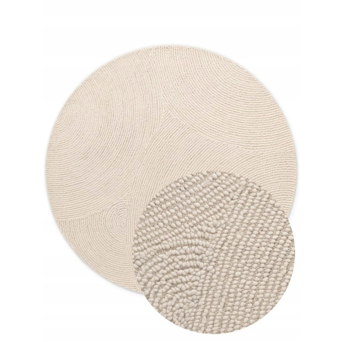 Dywan okrągły wełniany do salonu 120cm, kremowy wzór w półkola, efekt 3d