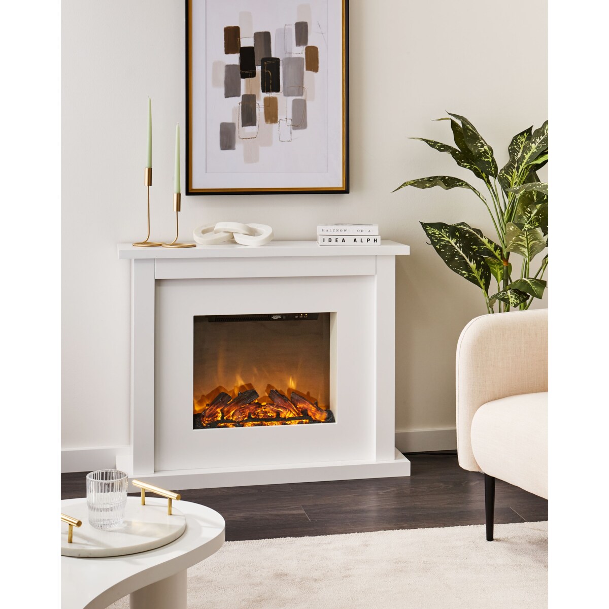 Kominek elektryczny z funkcją grzania KAROO Z pilotem Biały