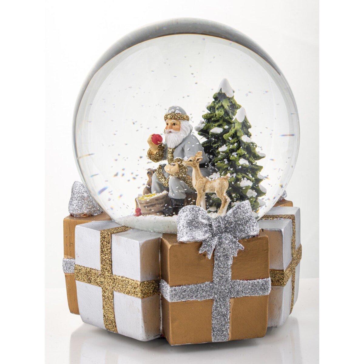 Szklana kula śnieżna z pozytywką 16x11x11 cm Mikołaj wśród zwierząt