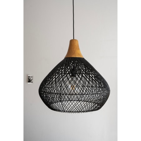 Rattanowa lampa z drewnem teakowym BAND w rozmiarze M - czarna