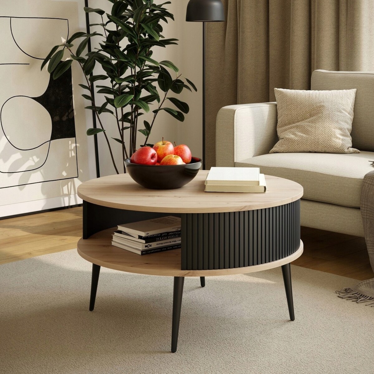 Stolik DO SALONU Okrągły Lamelowy DĄB ARTISAN Czarne Nogi NOWOCZESNY 76 cm