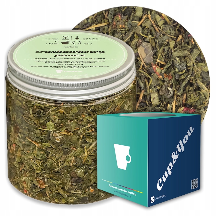 Herbata zielona TRUSKAWKOWY PONCZ o smaku truskawkowego ponczu PREMIUM - herbata liściasta sypana mieszanka napar susz - gotowa na prezent upominek