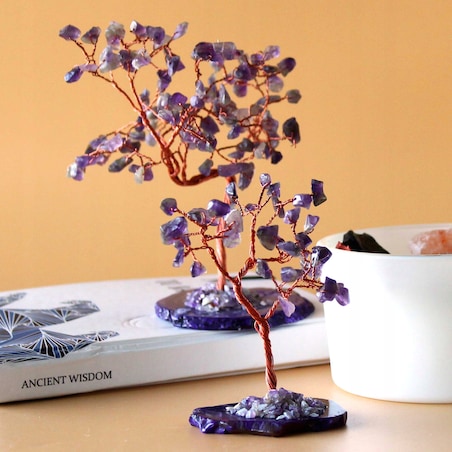 Drzewko SZCZĘŚCIA z Podstawą AGAT 100 Kamieni AMETYST na prezent PUDEŁKO