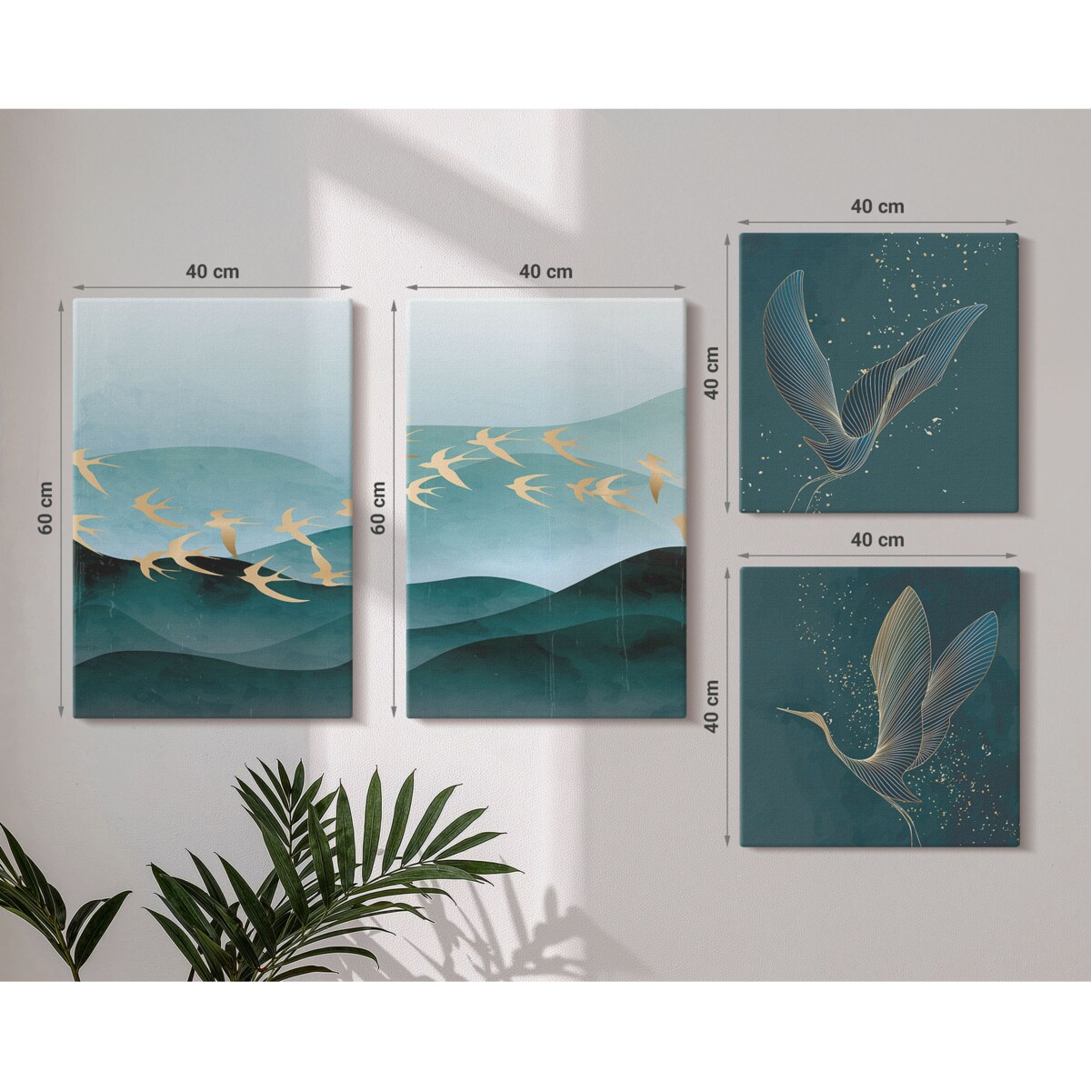 Zestaw 4 obrazów na płótnie - Abstrakcyjne pejzaże fal ptaków - turkusowy