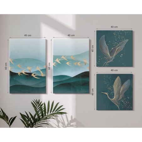 Zestaw 4 obrazów na płótnie - Abstrakcyjne pejzaże fal ptaków - turkusowy
