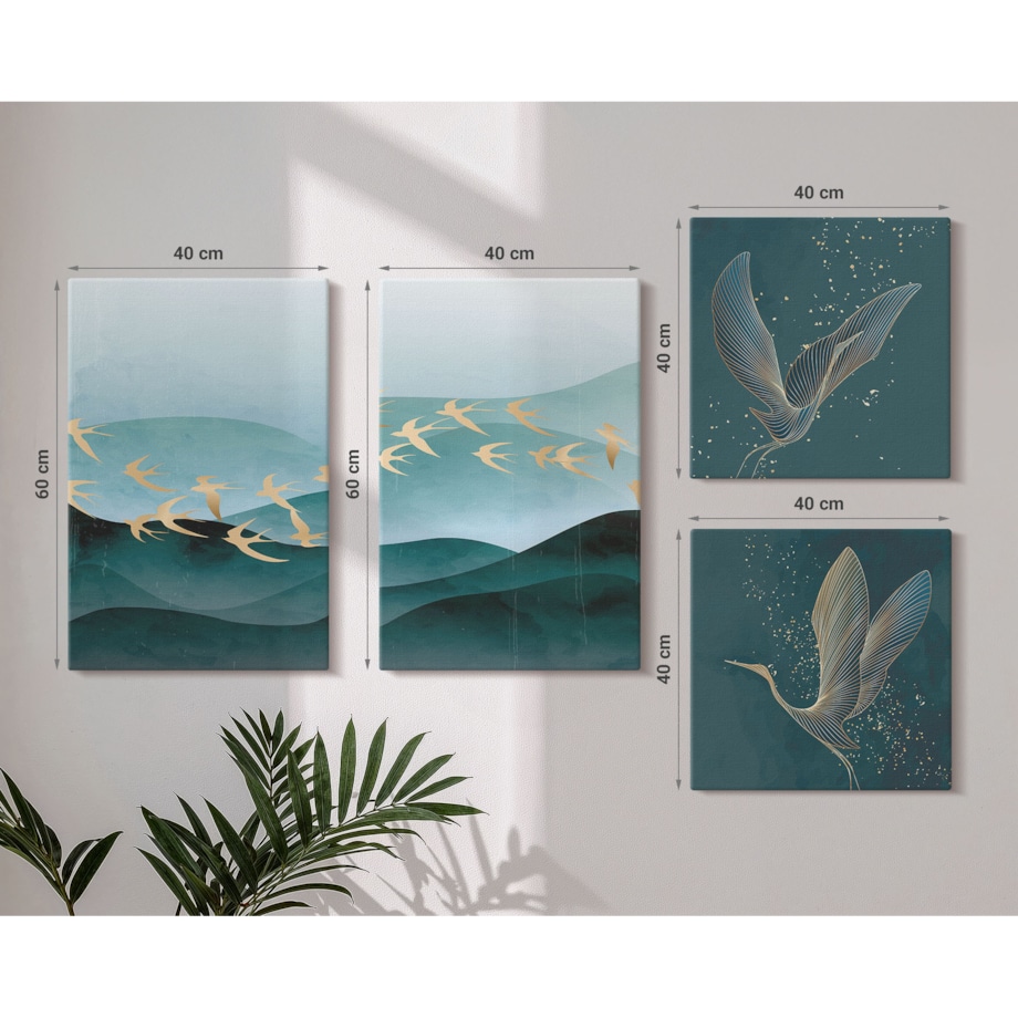 Zestaw 4 obrazów na płótnie - Abstrakcyjne pejzaże fal ptaków - turkusowy