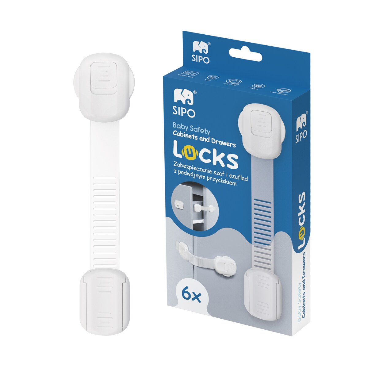 zabezpieczenia szaf i szuflad z podwójnym przyciskiem i regulacją, sipo, zestaw 6 sztuk