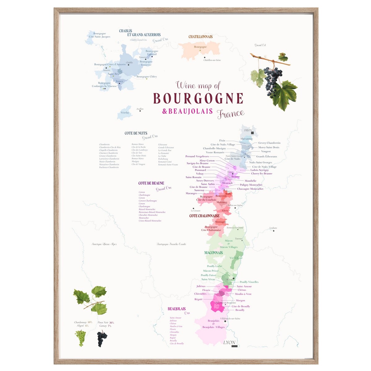 plakat BOURGOGNE i BEAUJOLAIS FRANCJA region winiarski 40x50cm
