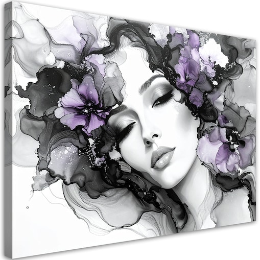 Obraz czarno biały do salonu sypialni, Kobieta i fioletowe kwiaty na głowie 120x80
