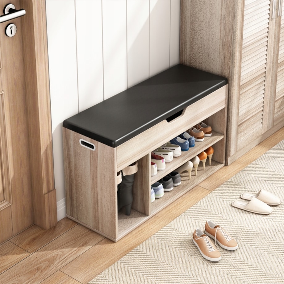 Szafka na buty z siedziskiem drewniana schowek 2 półki otwierana jasny dąb