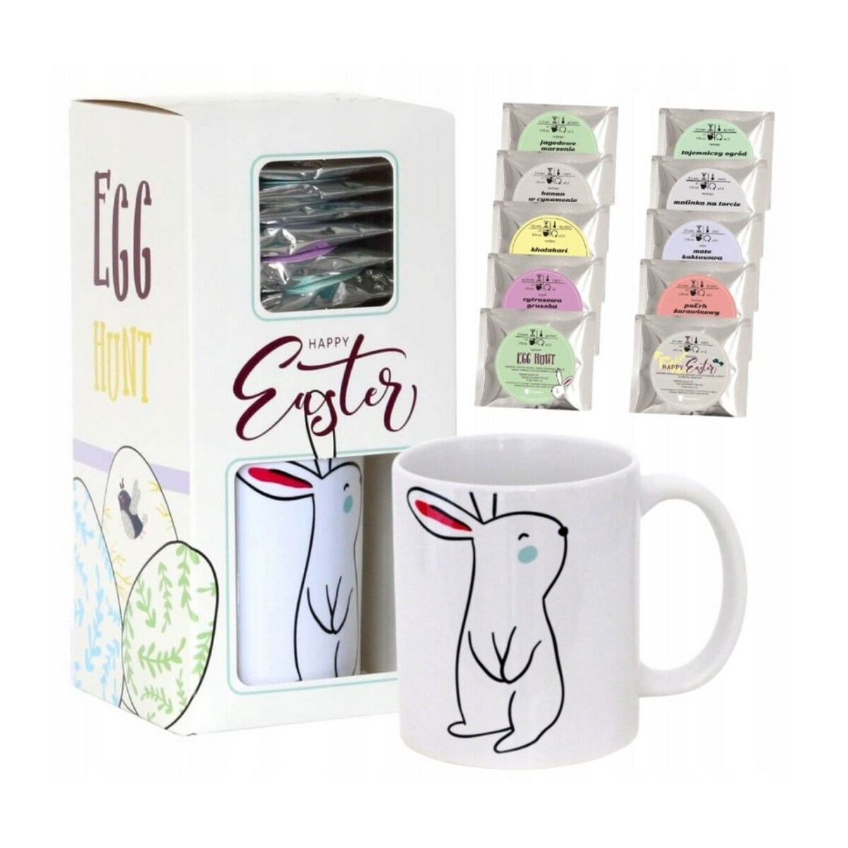 HAPPY EASTER zestaw herbat z kubkiem na wielkanoc prezent upominek na święta wielkanocne dla niej niego mamy taty chłopaka dziewczyny cioci wujka