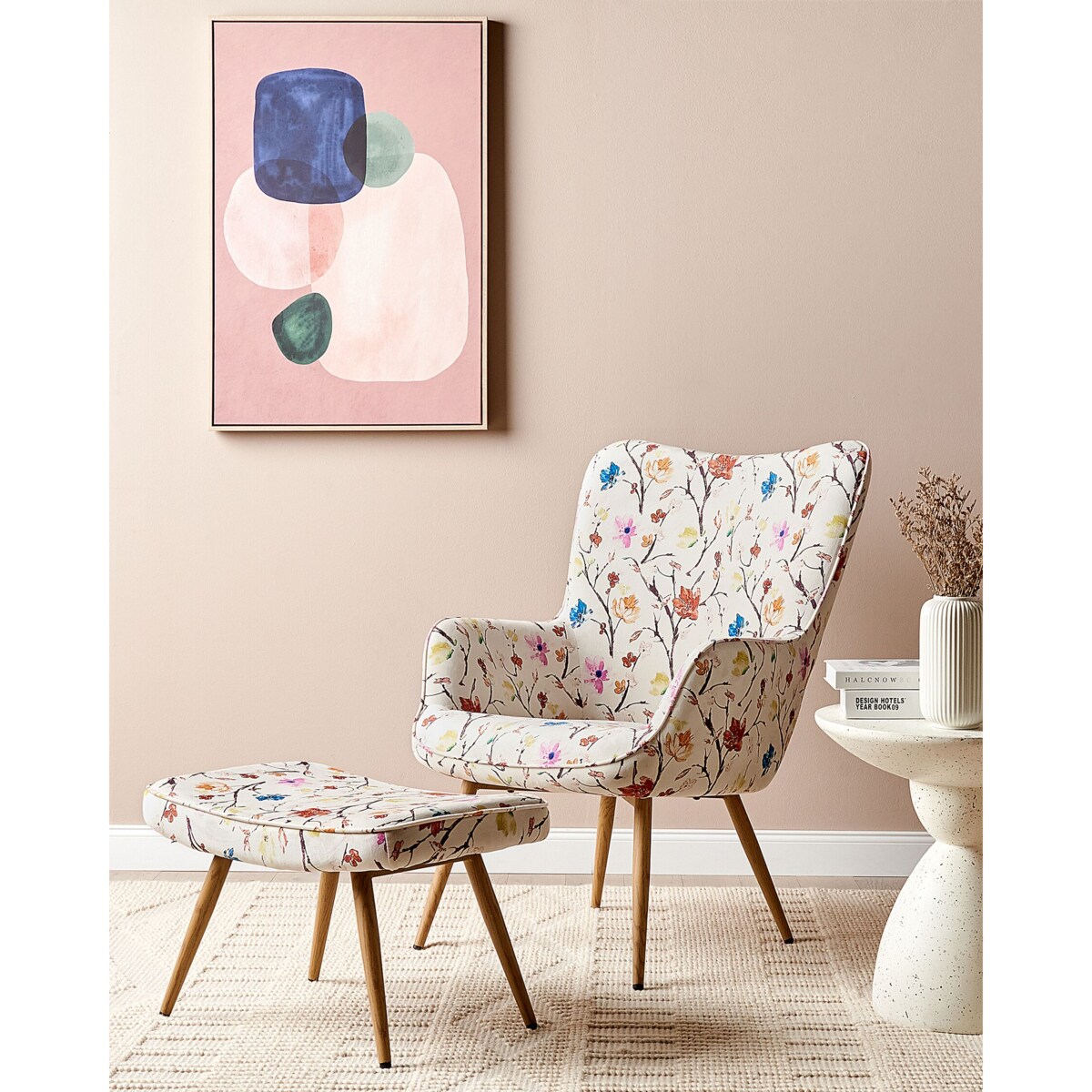 Fotel z podnóżkiem w kwiaty kremowy VEJLE