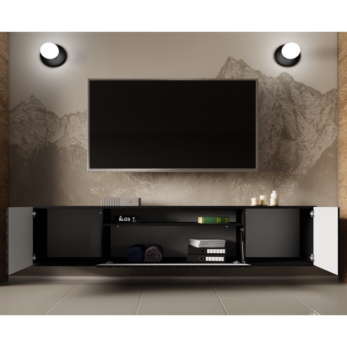 Szafka RTV ALI 200 cm, wisząca, z ozdobnymi frontami, pod telewizor- czarna