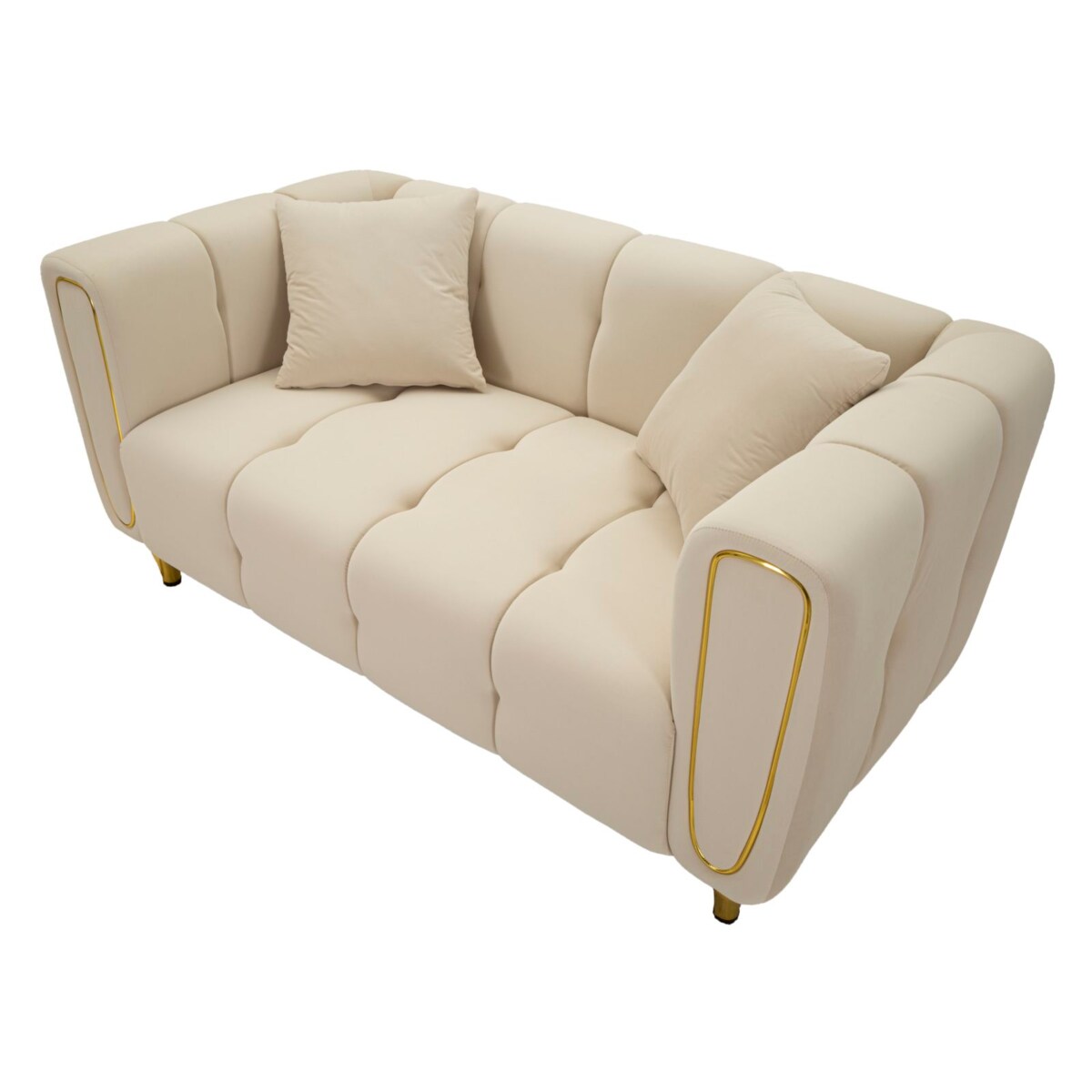 Sofa Alma, kolor kremowy i złoty, poliester, drewno eukaliptusowe, drewno sosnowe, sklejka i metal, 81 x 155 x 71 cm, do salonu, Mauro Ferretti
