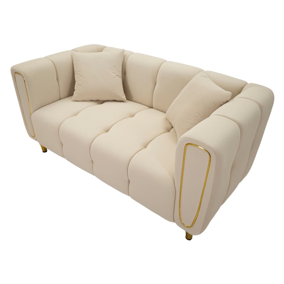 Sofa Alma, kolor kremowy i złoty, poliester, drewno eukaliptusowe, drewno sosnowe, sklejka i metal, 81 x 155 x 71 cm, do salonu, Mauro Ferretti